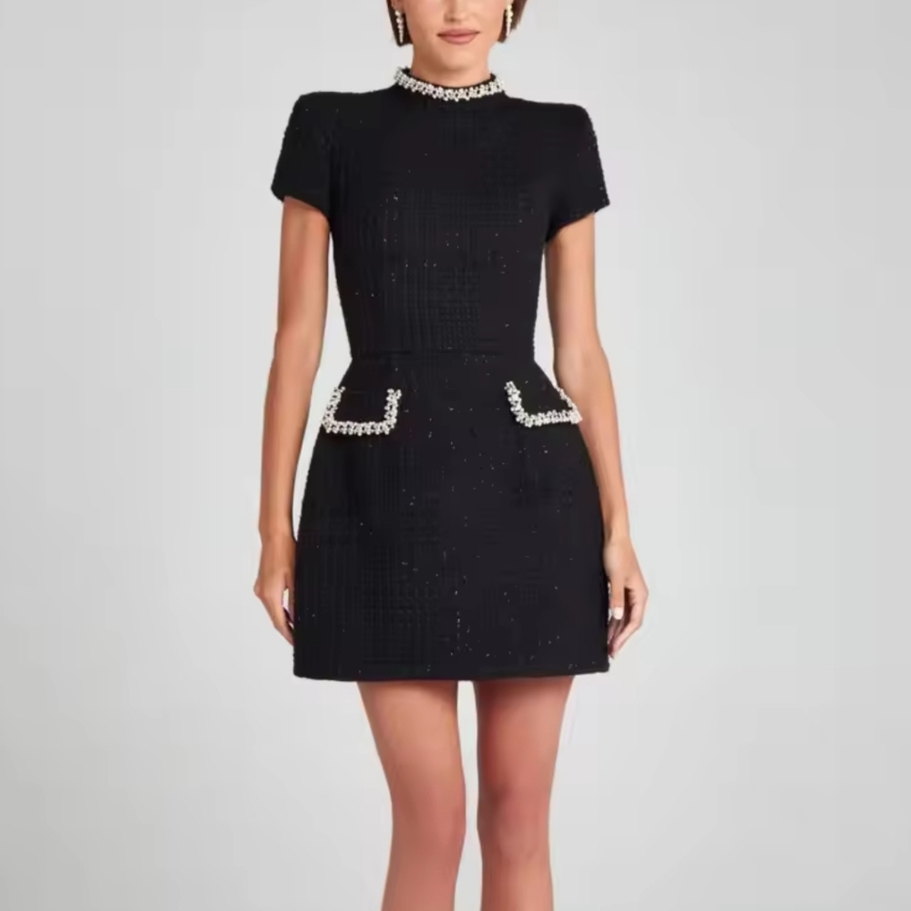 Fashion Solid Mock Neck Mini Dress Female Elegant Commuting Tweed Short Sleeve - Picture 4 of 7